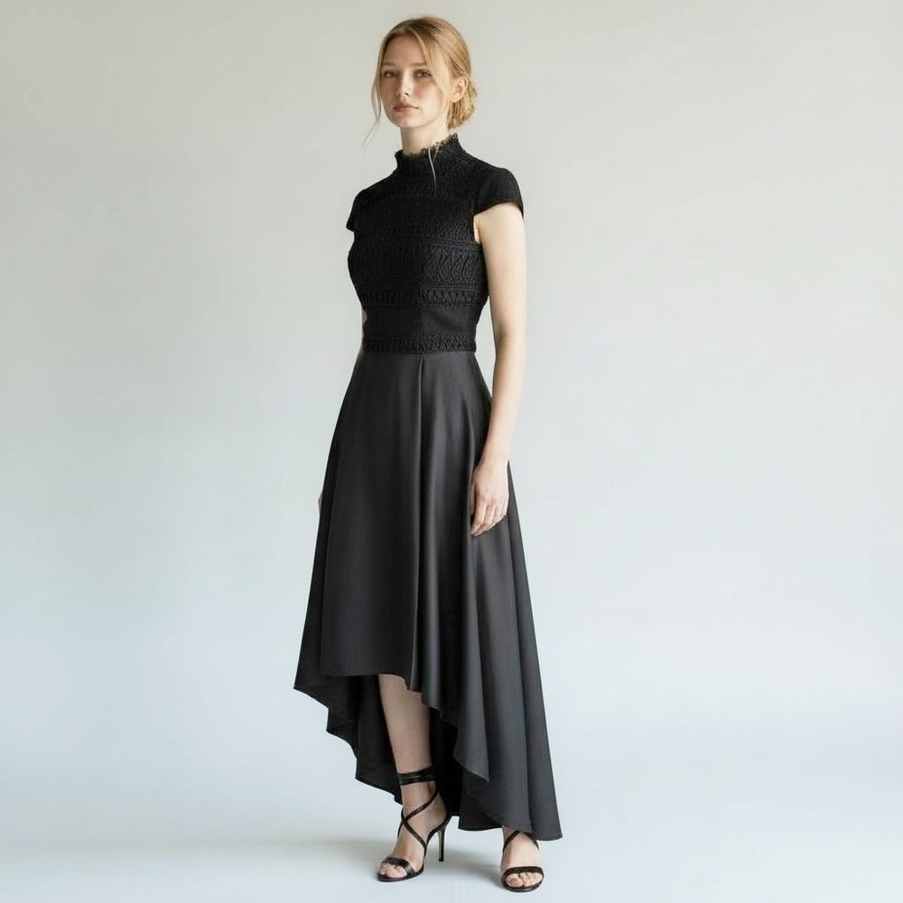Chi Chi London Black Lace High Neck Hi Lo Prom‎ Evening Dress Sz 2 Witchy Goth